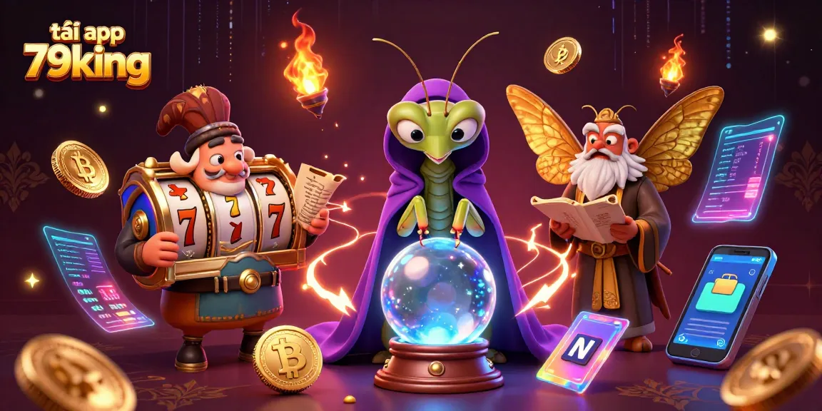 Tải app 79king for immersive casino entertainment, featuring slot reels and vibrant characters.
