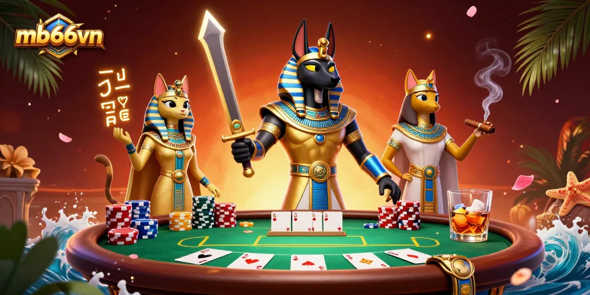 Experience thrilling gameplay at mb66vn with Anubis and Bastet amid vibrant poker action.
