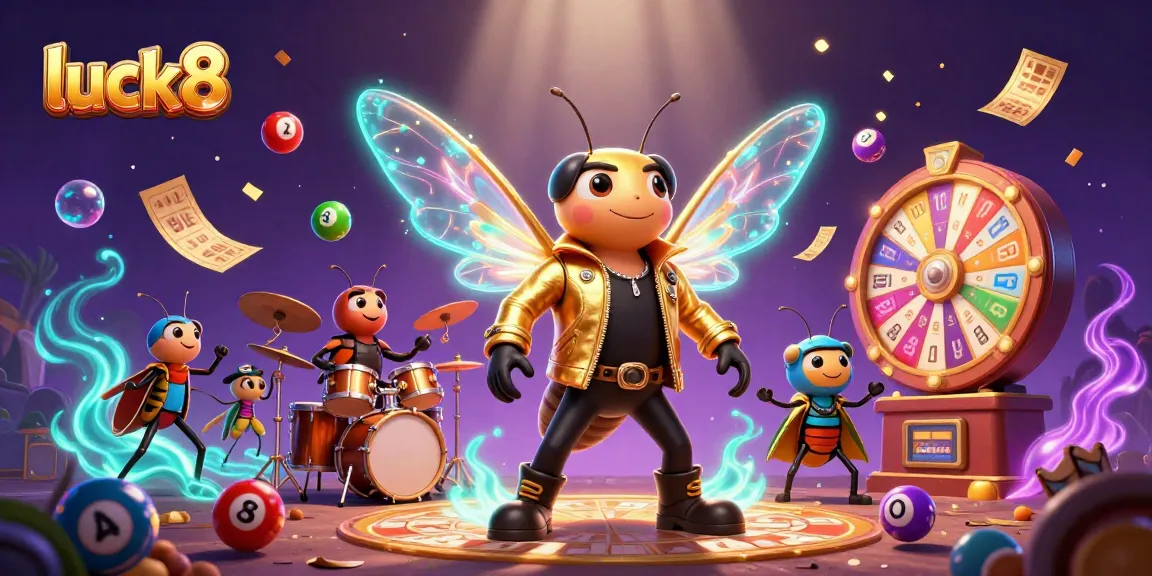 Feel the excitement of luck8 with vibrant lottery balls, a rock star cicada, and dynamic casino elements.
