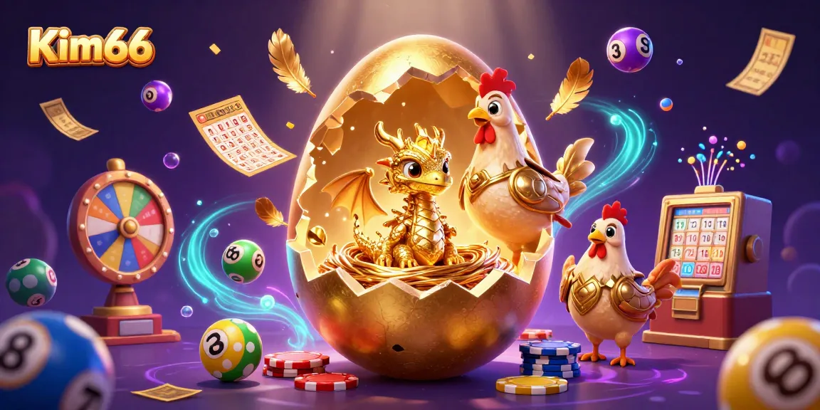 Engage with Kim66's enchanting gaming world featuring a golden dragon amidst vibrant lottery elements.