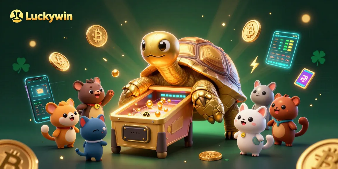 Experience Luckywin's vibrant casino atmosphere with a golden tortoise pinball machine and excited players.