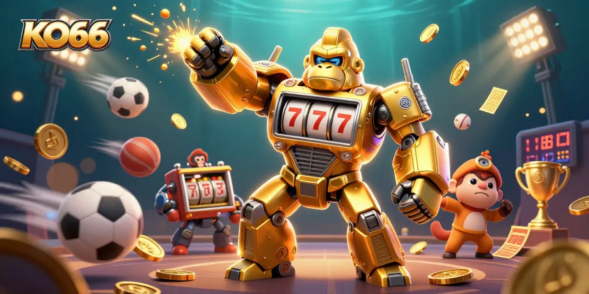 KO66 features a golden gorilla mech surrounded by sports elements, celebrating online casino gaming.