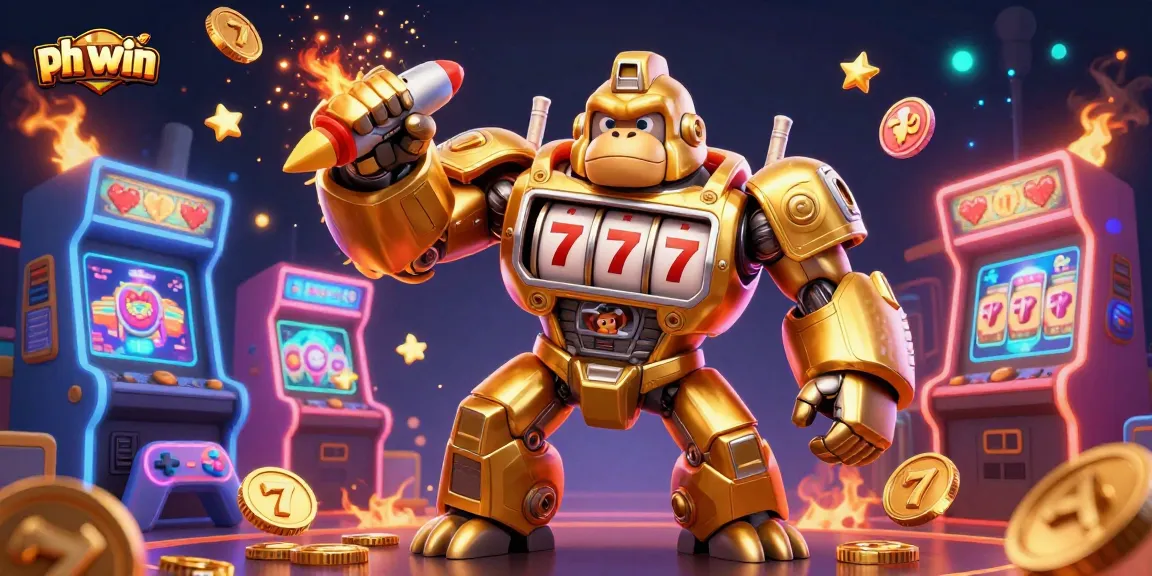 Experience the excitement of ph win with a dynamic golden gorilla mech and vibrant casino elements.