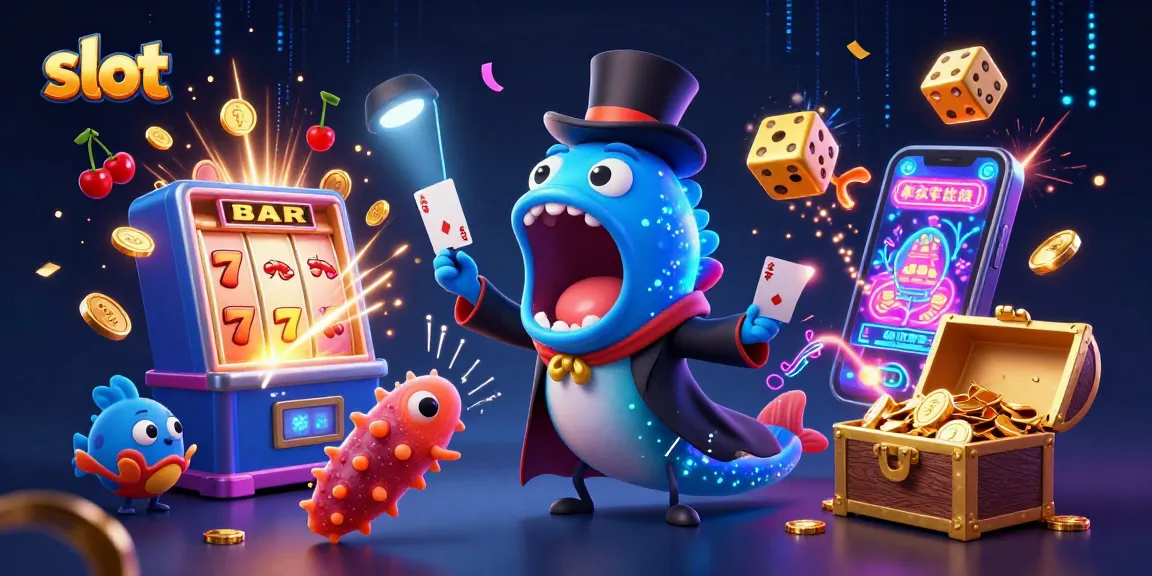Engage with slot games as a bioluminescent eel performs magic tricks amid vibrant casino elements.