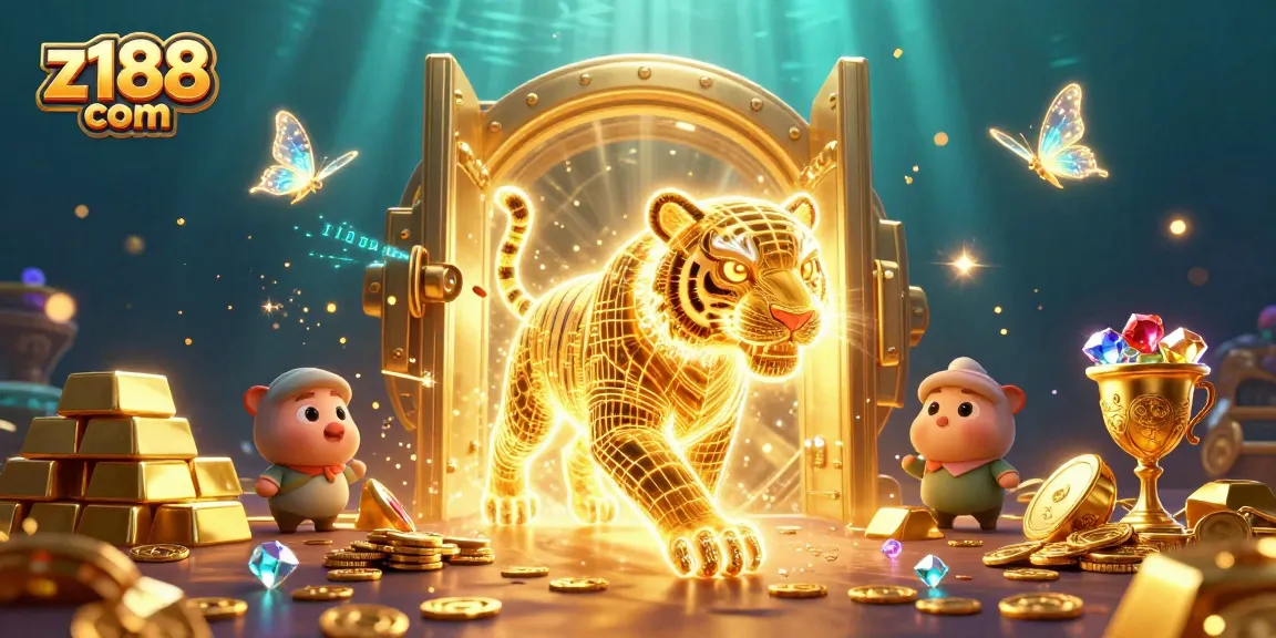 Play thrilling games at z188 com, featuring a neon tiger in a dynamic casino landscape.