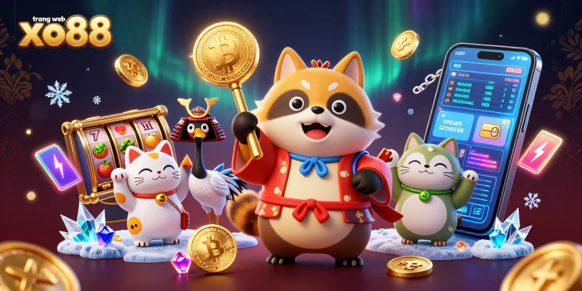 Experience winning fun at trang web xo88 with cheerful tanuki, innovative crypto elements, and vibrant casino theme.