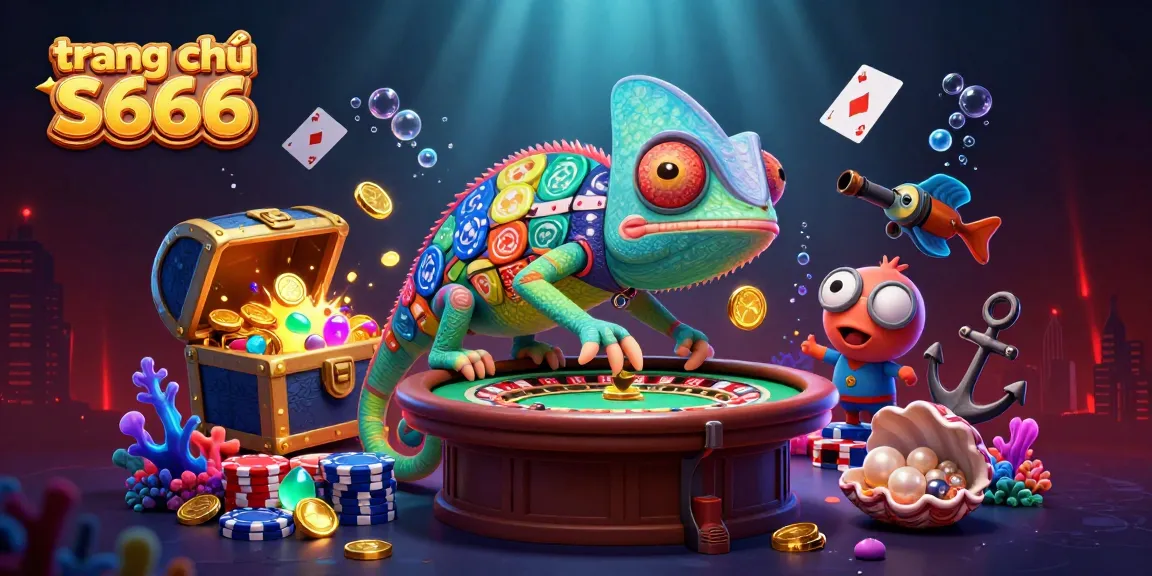 Engaging and vibrant scene of trang chủ S666 featuring a vibrant chameleon casino owner amidst thrilling game elements.