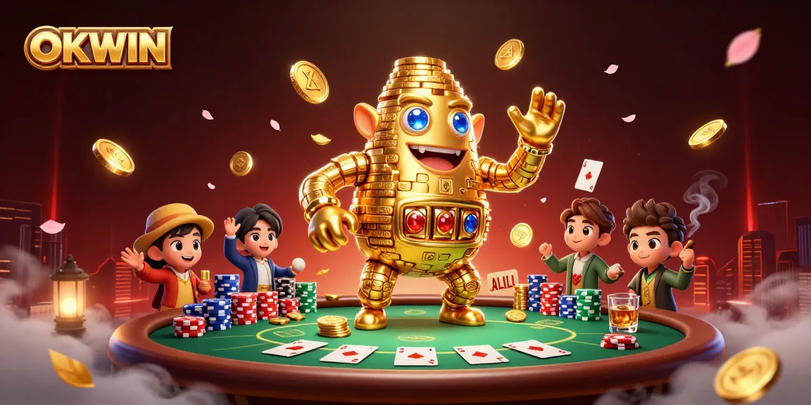 Engage in thrilling poker action at OKWIN with a vibrant 3D gambling scene showcasing a golden golem.