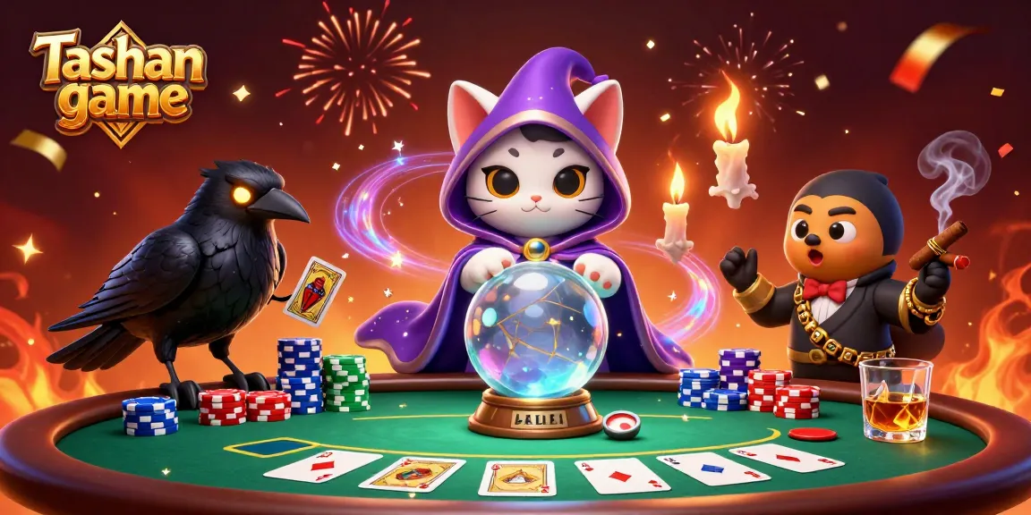 Engage with Tashan game in this vibrant casino scene full of mystical characters and poker elements.
