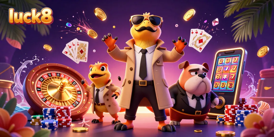 Engage with luck8 by entering a vibrant casino scene filled with playful raptors and golden treasures.