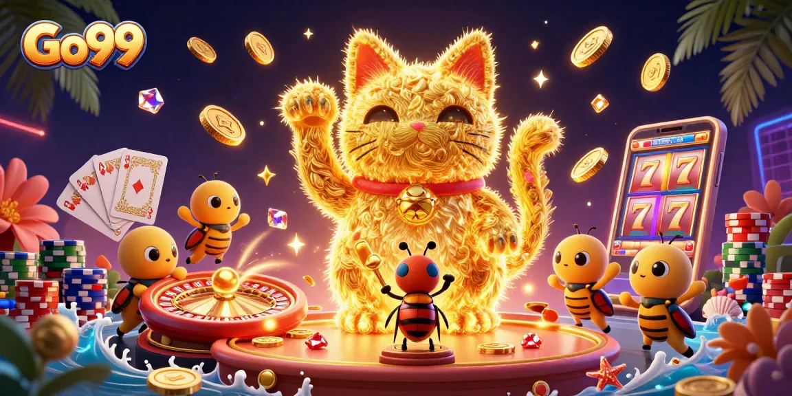 Play and win at Go99 with a dynamic illustration featuring a lucky cat and casino symbols.