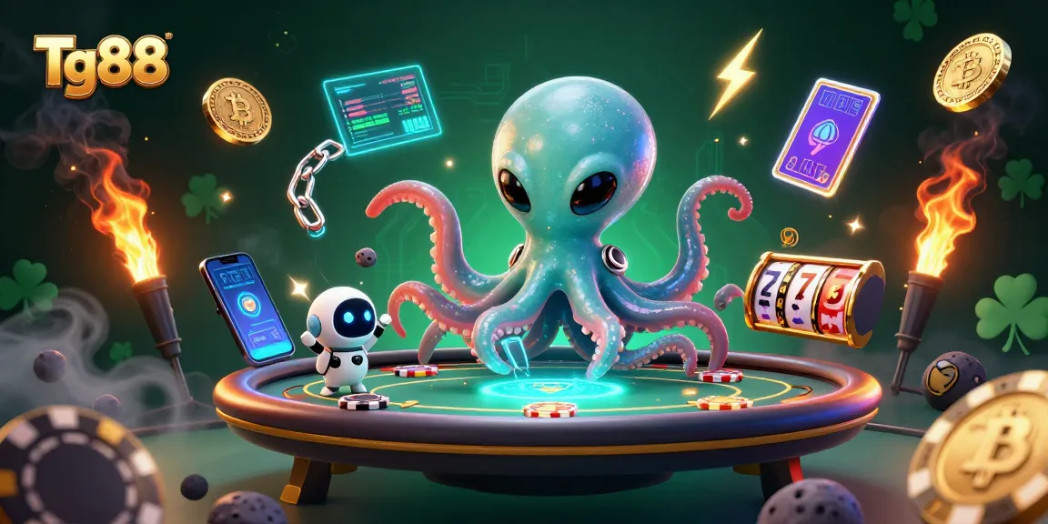 Experience vibrant gaming action with Tg88, featuring a cosmic octopus and crypto elements.