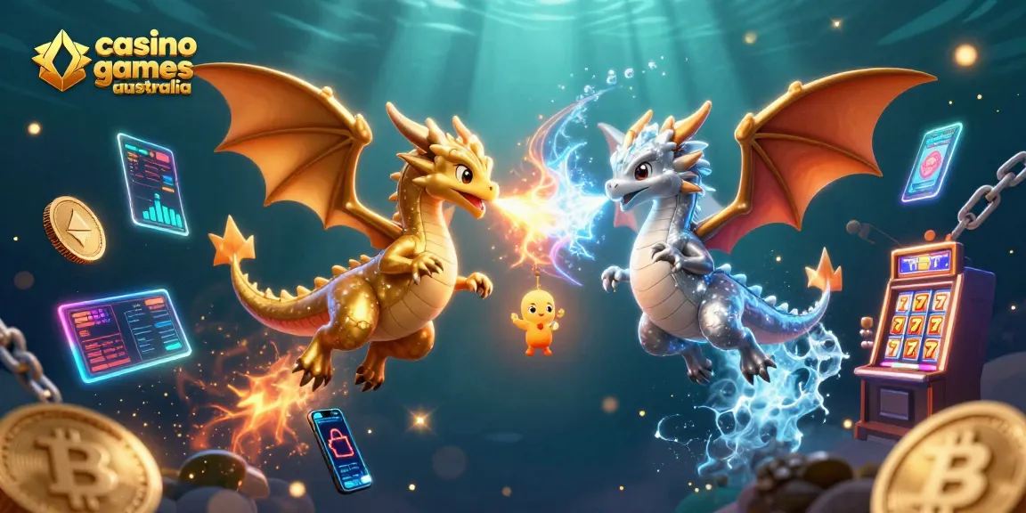 Experience casino games Australia with dynamic dragons, slot machines, and vibrant crypto elements.