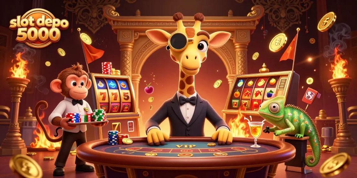Experience slot depo 5000 excitement with a high-roller giraffe in a thrilling gaming scene.