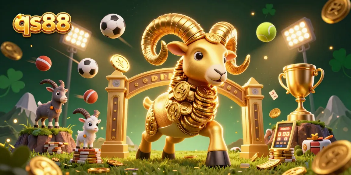 Engage in thrilling betting with qs88, a 3D illustration of a golden ram charging through a casino scene filled with sports elements.