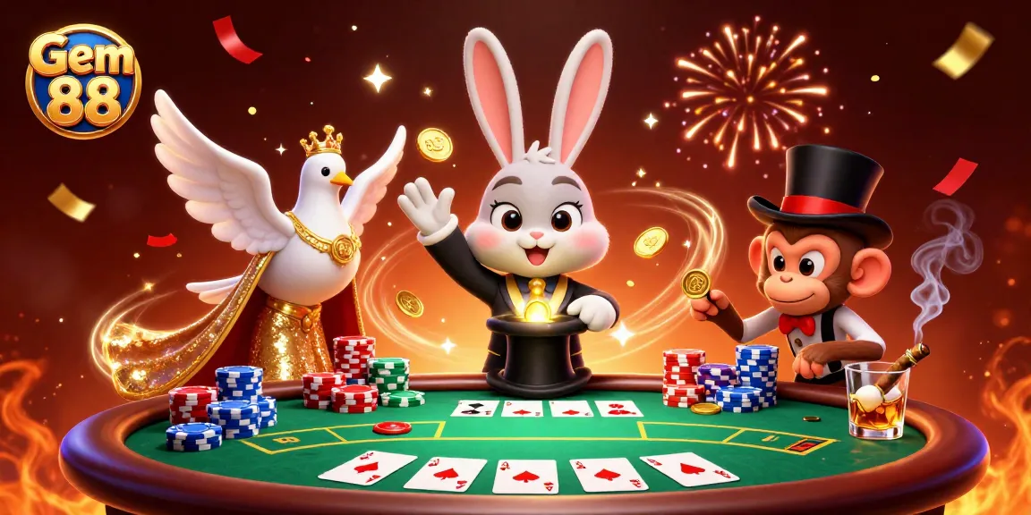 Experience thrilling wins at Gem 88 with a lively 3D casino scene featuring playful characters and poker action.