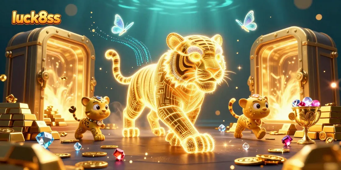 Experience luck8ss magic in a vibrant digital casino filled with treasure, games, and a golden tiger.