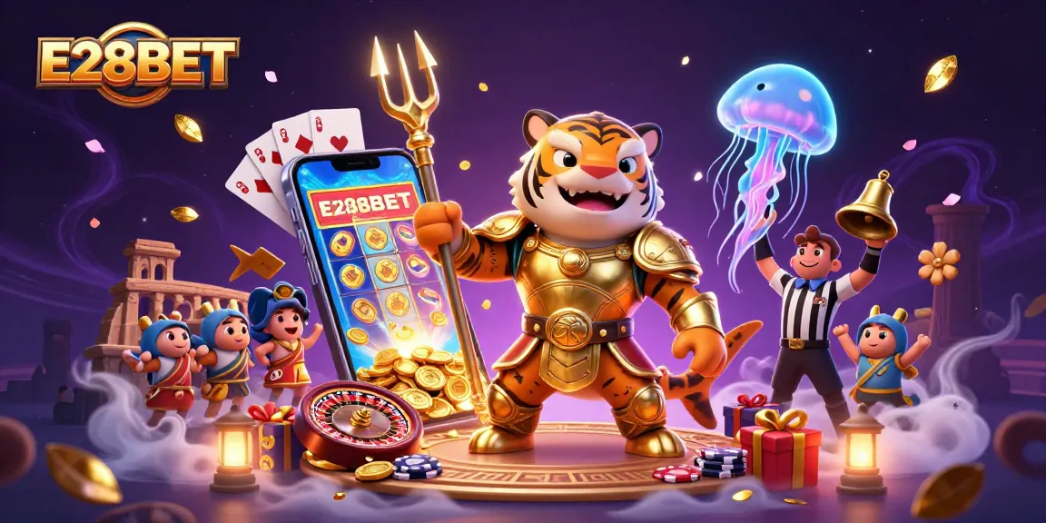 Engage with E28BET featuring a tiger shark in gladiator armor and gaming elements in a vibrant underwater scene.