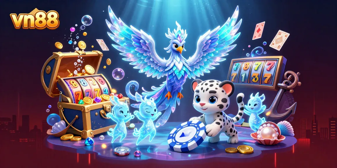 Engage with vn88 and try your luck with a vibrant ice phoenix and treasure in this immersive casino illustration.