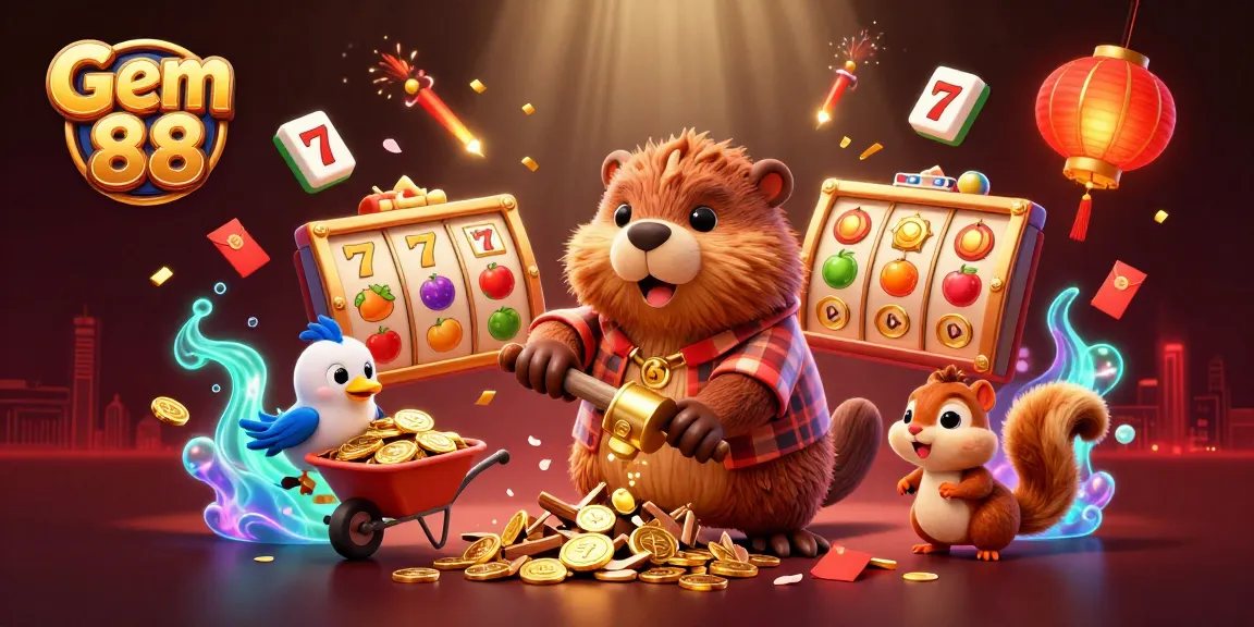 Join the excitement at Gem 88 while a beaver collects golden coins with a vibrant casino atmosphere.
