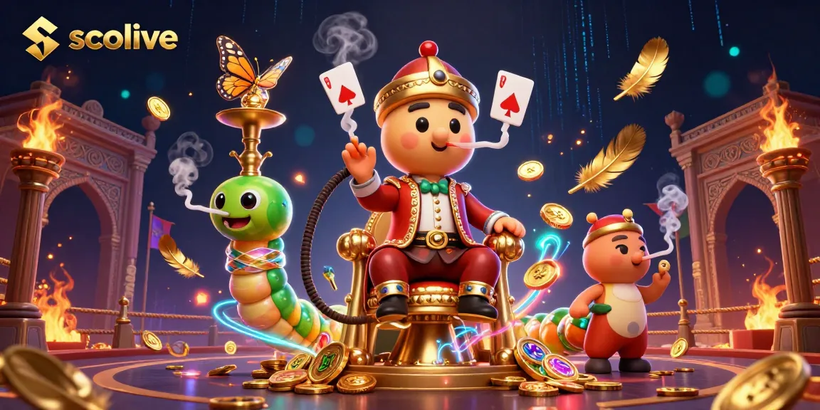 Socolive sports betting scene featuring a character blowing smoke rings of poker hands amidst gold coins and vibrant effects.