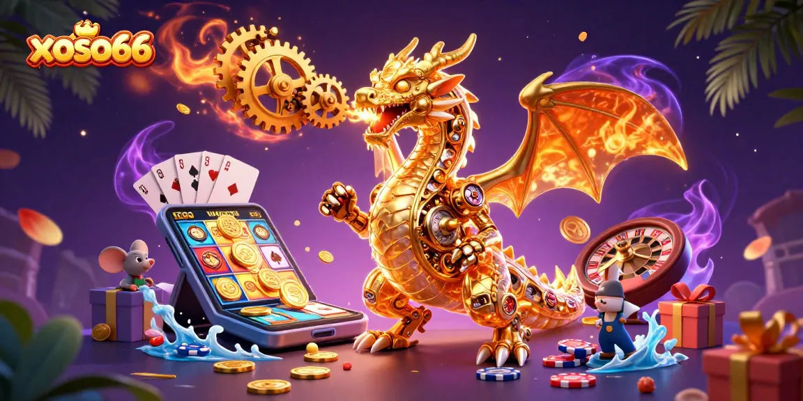 Experience thrilling games at xoso66 with a golden dragon and engineer among vibrant casino elements.