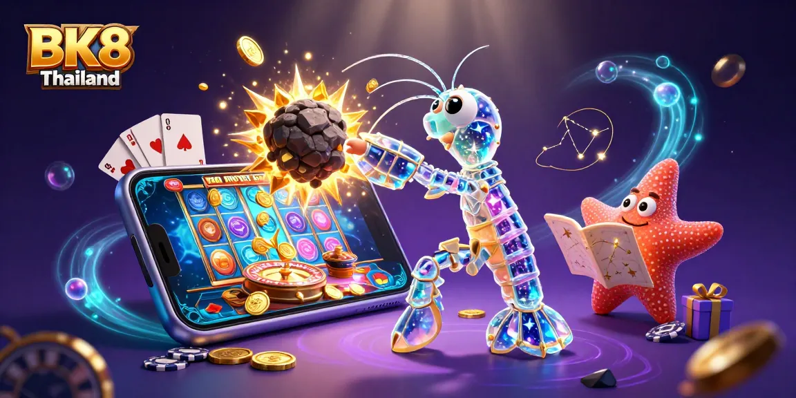 Experience BK8 Thailand with a vibrant 3D scene of gaming, featuring a mantis shrimp and starfish amidst colorful slot games and shimmering coins.