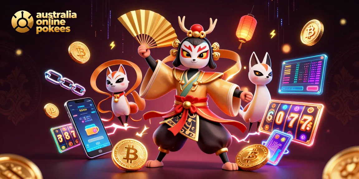 Engage with australia online pokies through vibrant 3D casino art featuring a kabuki warrior and digital elements.