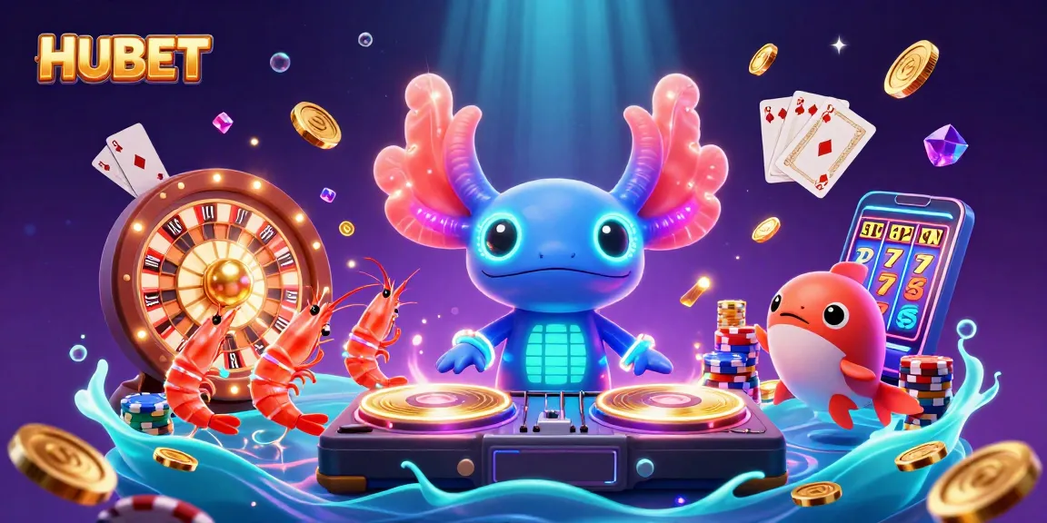 Experience HUBET's vibrant gaming scene with a neon axolotl DJ, golden coins, and lively shrimp dancers.