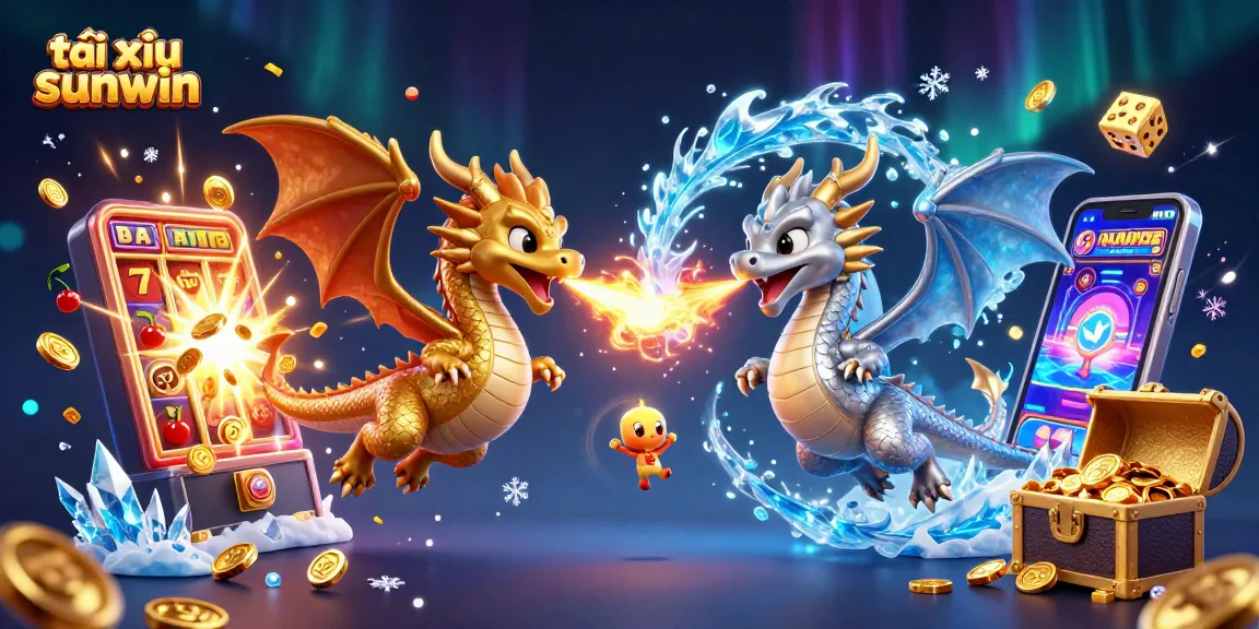 Engaging illustration of tài xỉu sunwin combining gold and silver dragon battles amidst casino elements and jackpots.