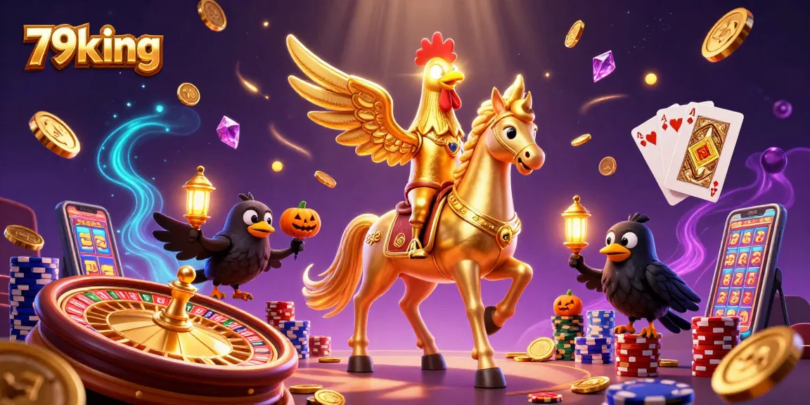 79king's exciting casino scene features a golden rooster headless horseman amidst sparkling gaming elements.