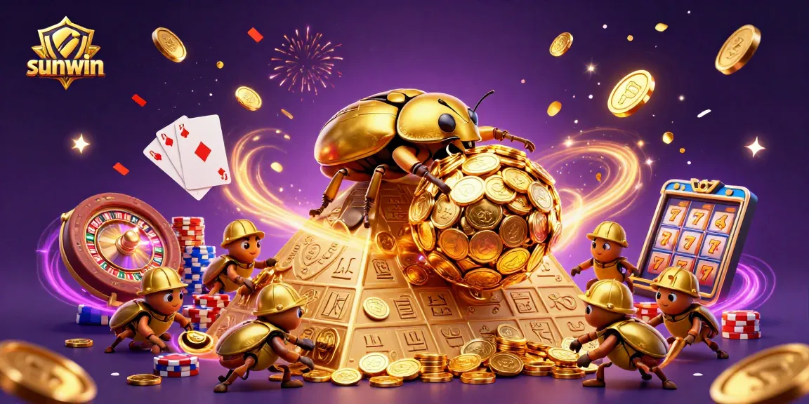 Sunwin logo with a golden dung beetle and casino elements in a festive gambling scene.