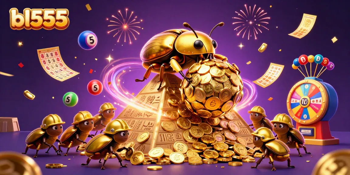 Witness thrilling moments at bl555, where golden beetles push coins amidst a vibrant casino scene.