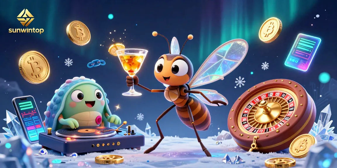 Engage with sunwintop as a lively mosquito mascot at the casino, spinning reels and glowing coins energize the scene.