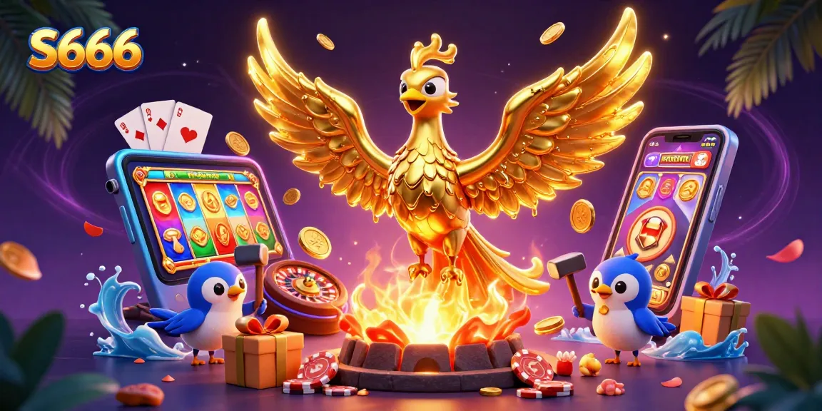 S666 showcases a golden phoenix emerging from a forge with a vibrant casino game atmosphere.